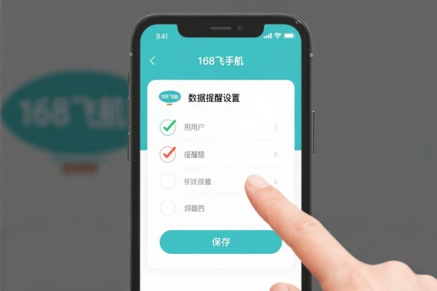 手机屏幕截图展示168飞艇手机版的数据提醒设置界面,用户正在勾选提醒选项并准备点击保存