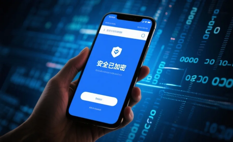 用户通过手机访问安全的网站，屏幕上显示“安全已加密”，背景为抽象数字代码